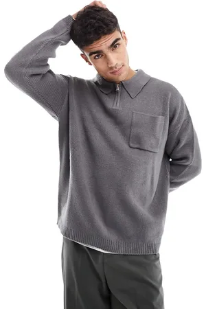 ASOS Polo oversize elegante in maglia a trama stretta antracite con zip corta