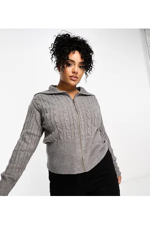 COLLUSION Plus - Maglione lavorato a trecce grigio mélange con colletto oversize e zip