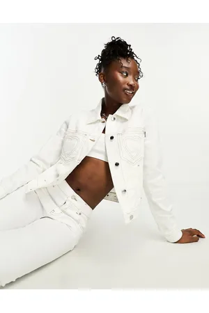 Moschino Giacca di jeans taglio corto bianca con cuciture a forma di cuore in coordinato