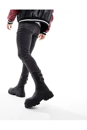 ASOS Stivali con suola spessa in pelle sintetica nera con imbottitura e fibbia