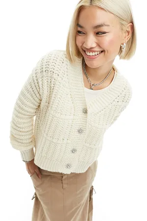 VERO MODA Cardigan in maglia color crema con bottoni con strass