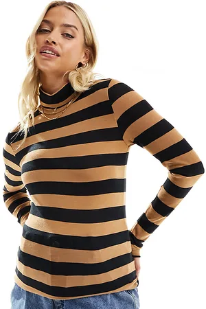 Mama;licious Mamalicious Maternity - Top dolcevita a maniche lunghe a righe nere e marroni