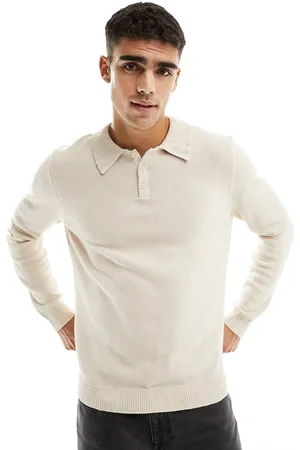 ASOS Maglione color avena in cotone di media pesantezza con colletto stile polo