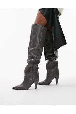 Topshop Tabitha - Stivali al ginocchio premium in pelle grigi con tacco a cono