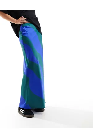 ASOS Gonna lunga taglio sbieco in raso con stampa grafica blu e verde