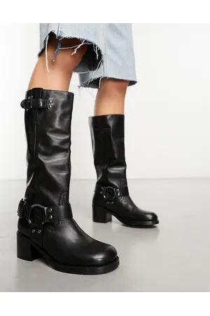 Bronx New Camperos - Stivali al ginocchio stile biker in pelle nera con dettagli effetto imbracatura