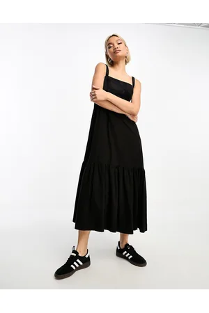 Moon River Vestito midi senza maniche con scollo squadrato a balze con arricciature