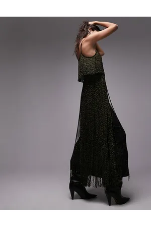 Topshop Vestito lungo oro e con frange metallizzate