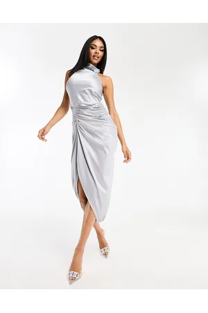 Jaded Rose Vestito midi drappeggiato accollato in raso ardesia
