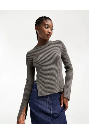 Weekday Rora - Maglione a coste scuro mélange con spacchi laterali