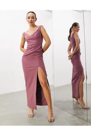 ASOS Vestito lungo da damigella a colonna in crêpe color orchidea con spacco e scollo alla Bardot