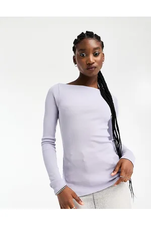 Weekday Top taglio lungo a maniche lunghe lavanda a coste con spalle scoperte e spacco laterale