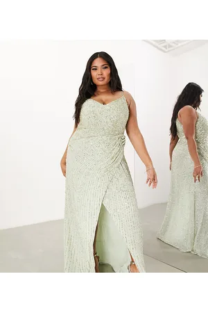 ASOS ASOS DESIGN Curve - Vestito lungo da damigella salvia drappeggiato sul lato e decorato con spalline sottili