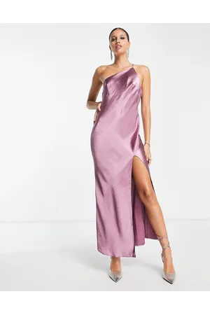 ASOS Vestito da damigella monospalla in raso con gonna al polpaccio e retro drappeggiato, color orchidea polvere