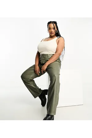 ASOS ASOS DESIGN Curve - Pantaloni in pelle sintetica kaki slavato con vita regolabile