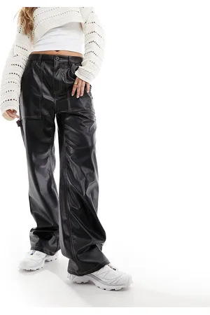 ONLY Pantaloni a vita alta e fondo ampio neri in pelle sintetica con cuciture a contrasto