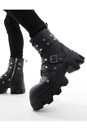 ASOS Stivali stringati neri in pelle sintetica con suola spessa e fascette con borchie