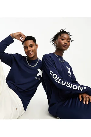 COLLUSION Unisex - T-shirt navy con stampa del logo