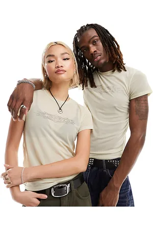 Weekday Unisex - Conan - T-shirt aderente in rete beige con strass - In esclusiva per ASOS