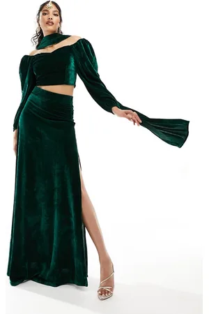 Kanya London Gonna lehenga in velluto smeraldo con spacco