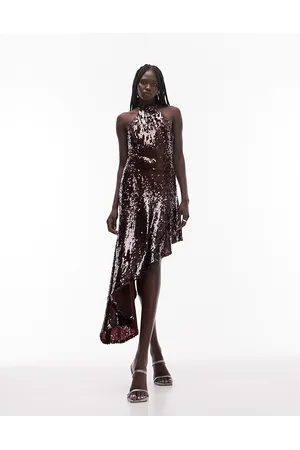 Topshop Vestito midi asimmetrico allacciato al collo bordeaux con paillettes