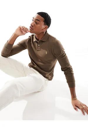 Ralph Lauren Polo a maniche lunghe slim in piqué color cuoio mélange con logo