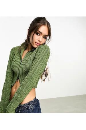 Reclaimed Cardigan corto a trecce kaki con zip