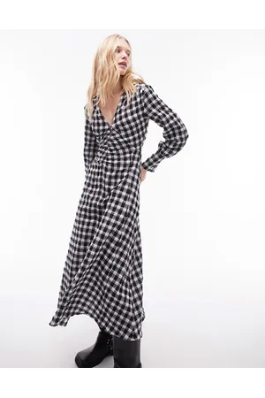 Topshop Vestito midi a quadri bianchi e neri testurizzato con zip sul davanti