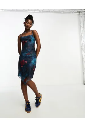 Tammy Girl Vestito midi con spalline sottili e scollo quadrato con fondo asimmetrico e stampa a fiori rétro