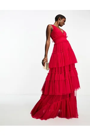 Esclusiva Lace & Beads - Vestito corto monospalla in tulle rosso con volant  sul fondo