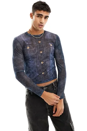 ASOS T-shirt corta attillata a maniche lunghe in rete con stampa effetto denim