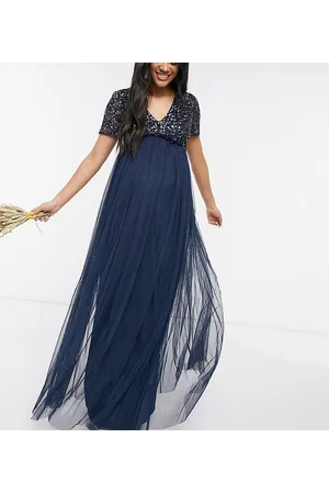 Maya Vestito lungo da damigella in tulle con maniche corte e delicate paillettes tono su tono