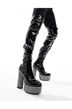 ASOS Stivali cuissard con tacco in pelle sintetica verniciata nera con dettagli in strass