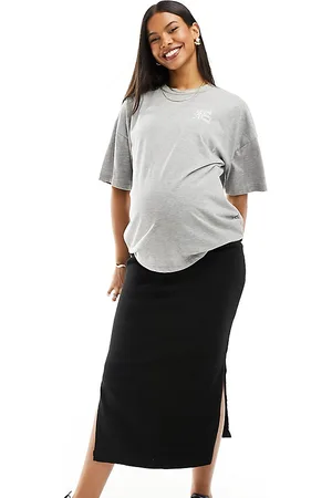 Mama;licious Mamalicious Maternity - Gonna di jeans premaman nera con spacchi laterali e fascia sopra il pancione