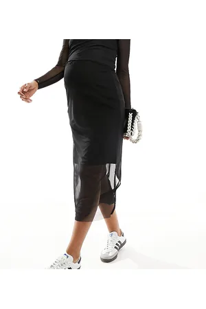 Mama;licious Mamalicious Maternity - Gonna midi nera in tessuto a rete con fascia sopra il pancione in coordinato