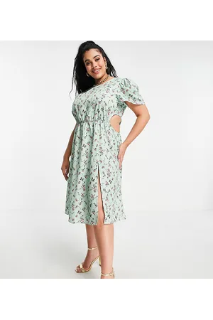 In The Style X Olivia Bowen - Vestito midi verde salvia a fiori con spacco sul fondo e cut-out laterale
