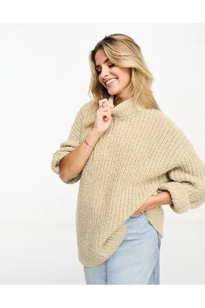 Monki Maglione accollato beige a coste spesse con maniche voluminose