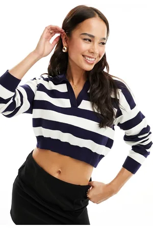 Bershka Maglione a righe blu navy e bianco con colletto stile polo