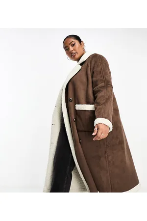 QED London Cappotto stile aviatore taglio lungo doppiato cammello con finiture in pile borg