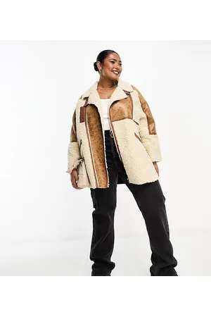 QED London Giubbotto stile aviatore doppiato color cammello con pile borg a contrasto