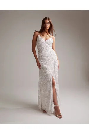 ASOS Nia - Vestito da sposa lungo decorato con spalline sottili e drappeggio laterale