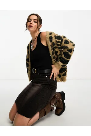 Noisy May Cardigan soffice nero e cammello con stampa animalier