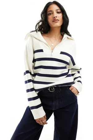 Pimkie Maglione bianco e blu navy a righe con zip corta