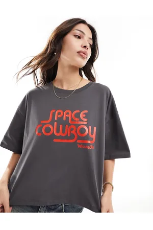 Wrangler T-shirt squadrata corta grigia con stampa Space Cowboy