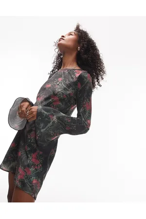 Topshop Vestito da giorno corto con maniche svasate asimmetriche a fiori rossi