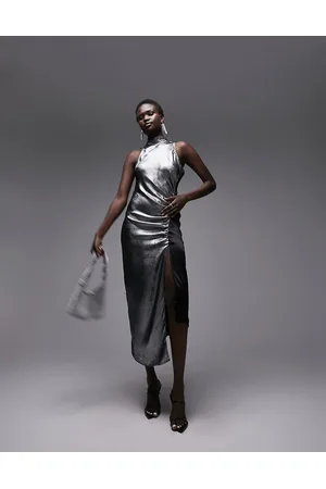 Topshop Vestito midi metallizzato allacciato al collo con arricciatura laterale
