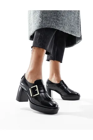 AllSaints Zia - Mocassini neri lucidi in pelle con tacco