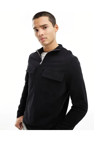 ASOS Maglietta a maniche lunghe nera con collo a imbuto con zip corta e tasca