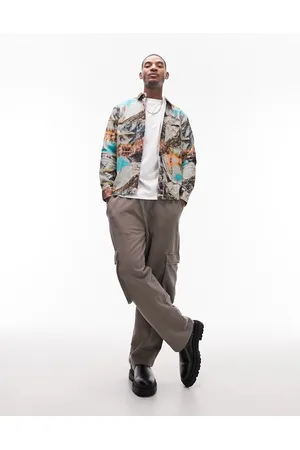Topman Camicia vestibilità classica a maniche lunghe in velluto a coste con stampa di paesaggio di montagna