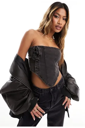 Liquor N Poker Corsetto in denim slavato con rosa in coordinato